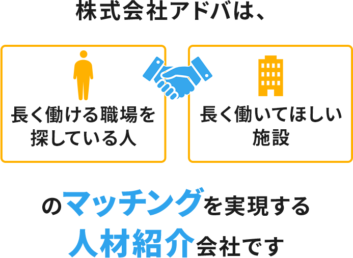 株式会社アドバは、長く働ける職場を探している人・長く働いてほしい施設のマッチングを実現する人材紹介会社です
